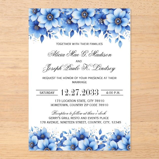 Boho Blue Florals Elegant Wedding Invitation (Front)