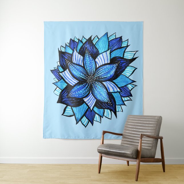 Boho Blue Flower Mandala Artsy Tapestry (In Situ)