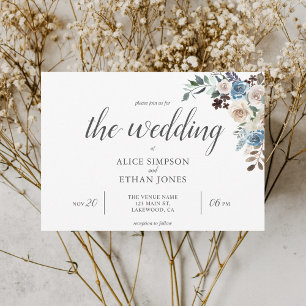 Boho Blue Flowers Dried Leaves Wedding Invitation