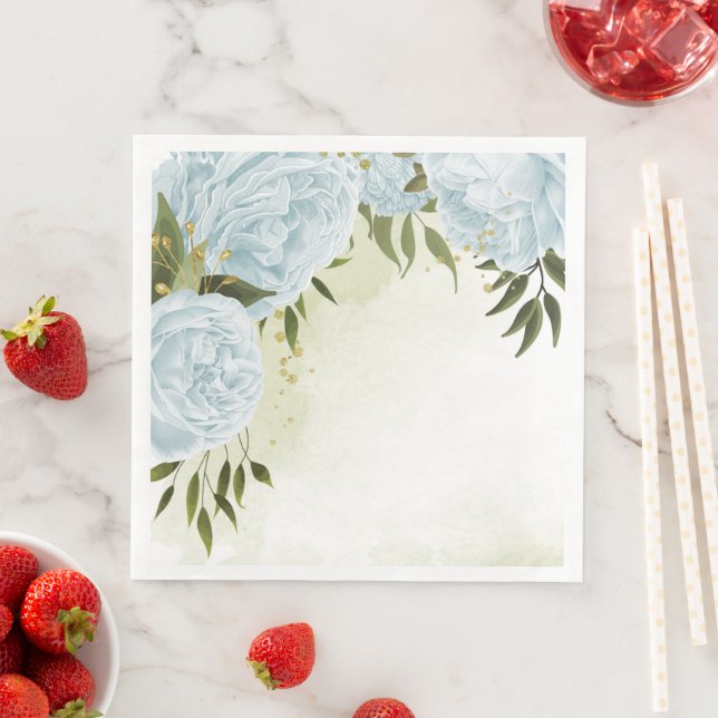 Boho blue flowers green leaves botanical  napkin (Insitu)