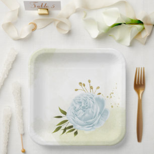 Boho blue flowers green leaves botanical paper plate