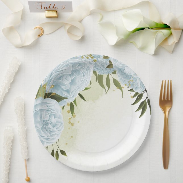 Boho blue flowers green leaves botanical paper plate (Wedding)