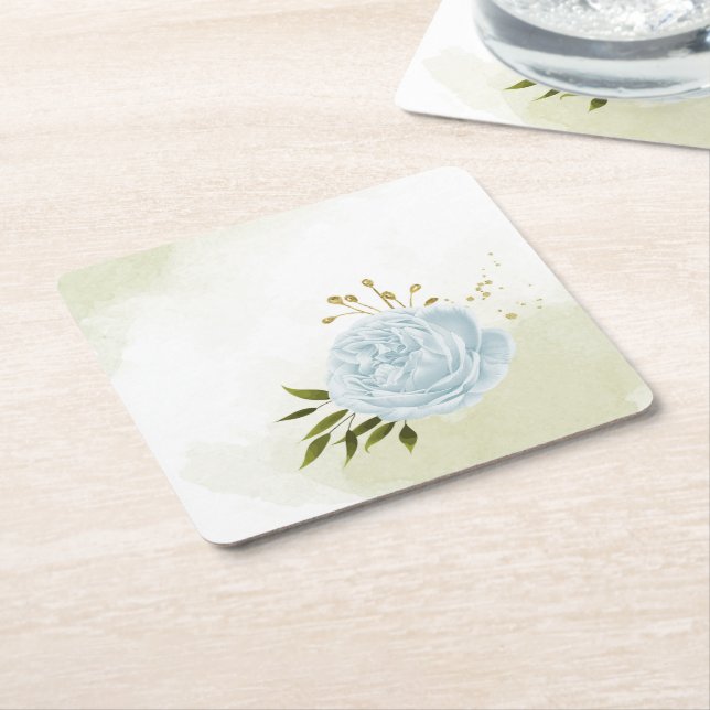 Boho blue flowers green leaves botanical  square paper coaster (Angled)