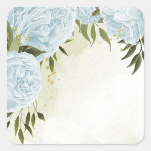 Boho blue flowers green leaves botanical square sticker