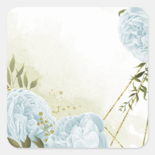 Boho blue flowers green leaves botanical square sticker
