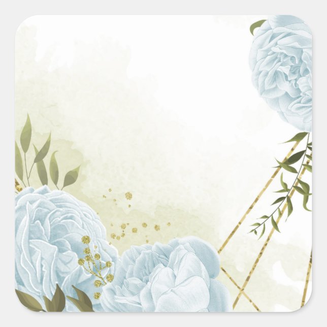 Boho blue flowers green leaves botanical square sticker (Front)