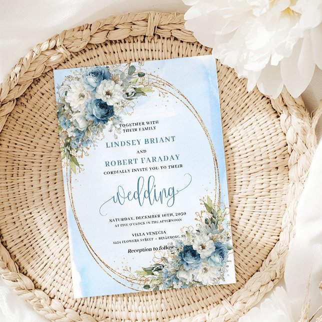 Boho Blue Flowers Greenery Gold Wedding Invite (Boho Blue Flowers Greenery Gold Wedding Invite)