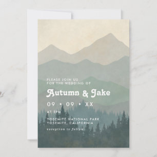 Boho Blue Forest Mountains Retro Wedding Invitation