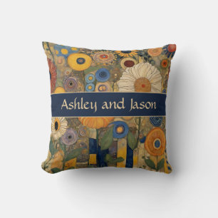 Boho Blue Gold Custom Couple Names Wedding Cushion