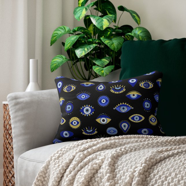 Boho Blue Gold Evil Eyes Decorative Cushion (Creator Uploaded)