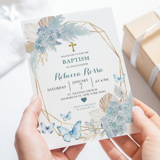 Boho Blue Gold Floral Butterfly Geometric Baptism Invitation (Creator Uploaded)