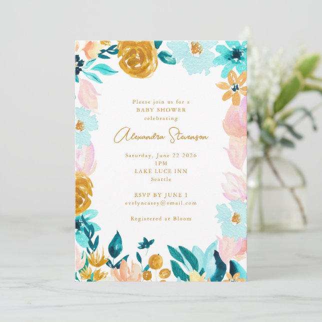 Boho Blue Gold Floral Frame Border Baby Shower Invitation (Standing Front)