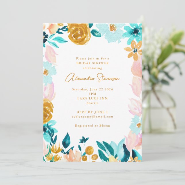 Boho Blue Gold Floral Frame Border Bridal Shower Invitation (Standing Front)