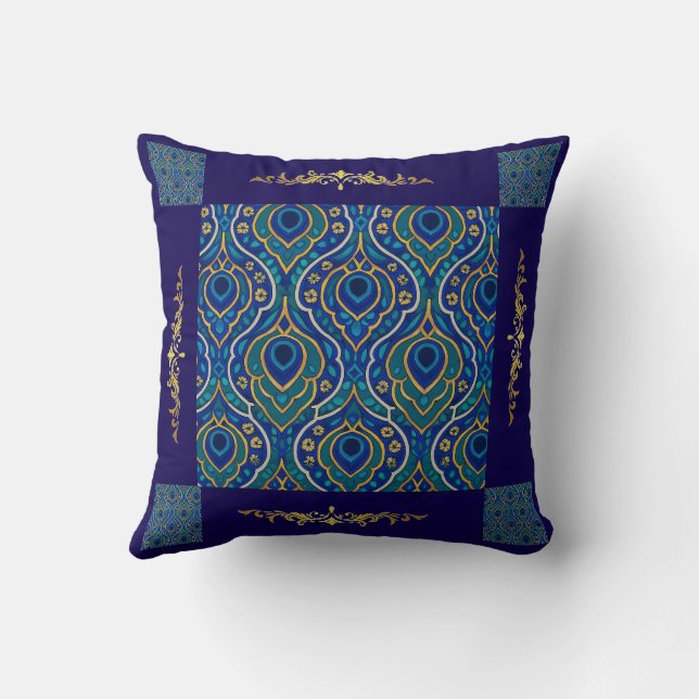 Boho Blue & Gold Throw Pillow – Art by Mina (Back)