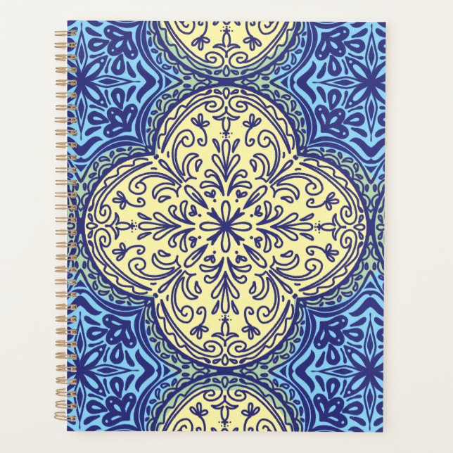 Boho Blue & Gold Tile Pattern Planner (Front)