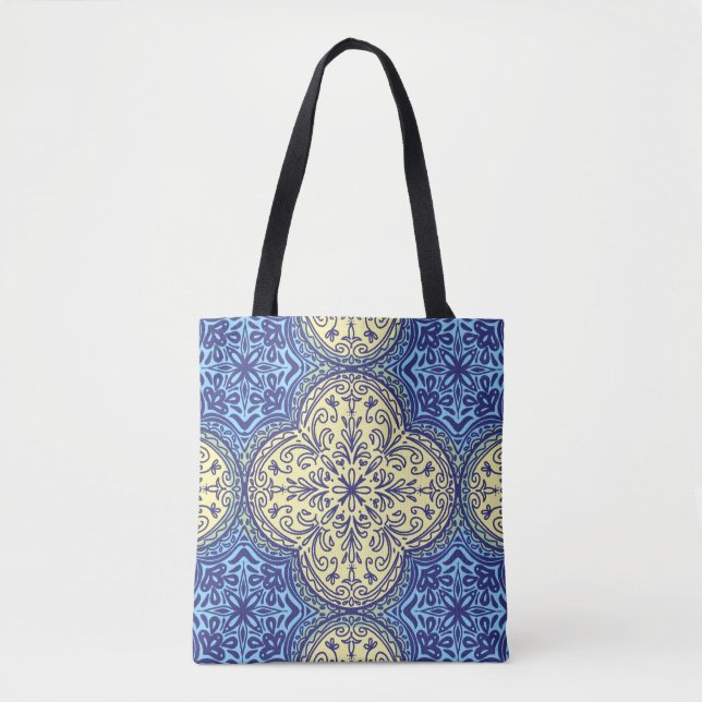 Boho Blue & Gold Tile Pattern Tote Bag (Front)