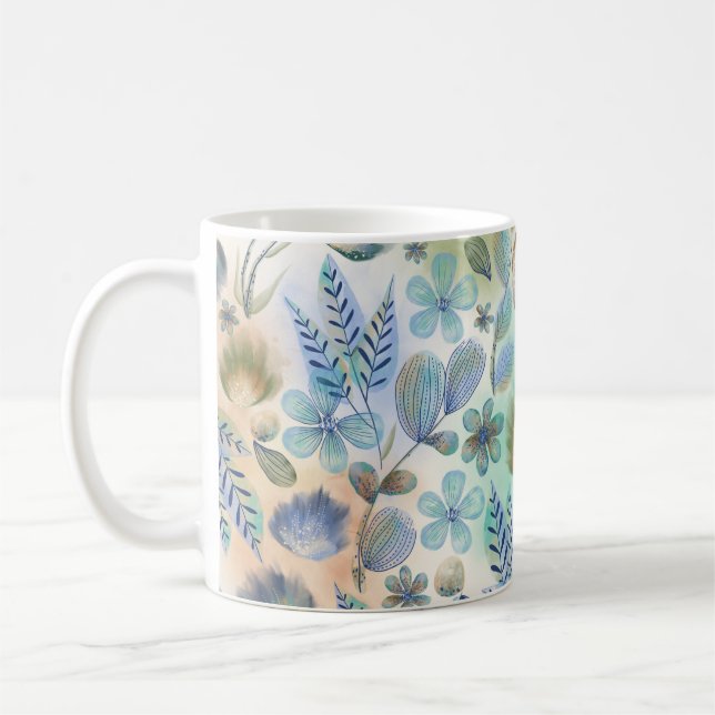 Boho Blue Green Whimsical Floral Botanical  Coffee Mug (Left)