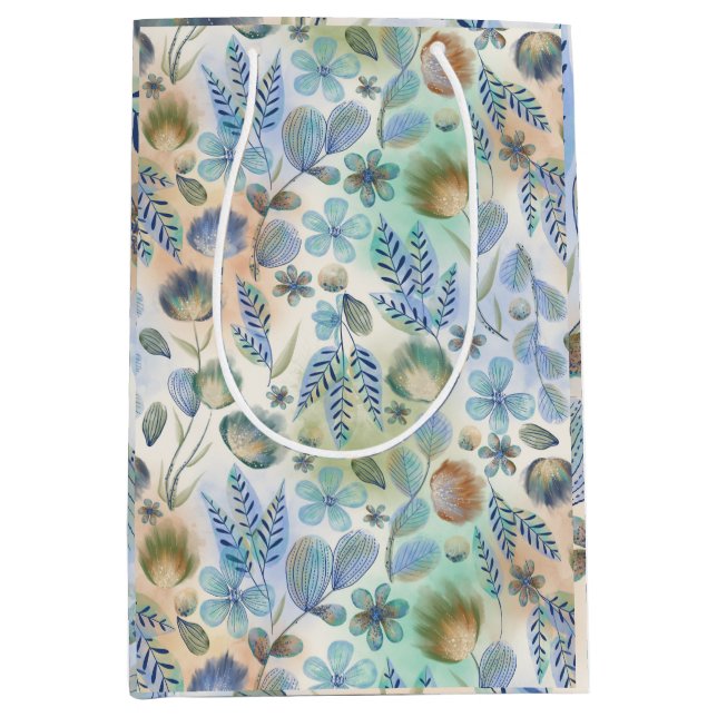 Boho Blue Green Whimsical Floral Botanical   Medium Gift Bag (Front)