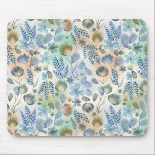 Boho Blue Green Whimsical Floral Botanical   Mouse Pad