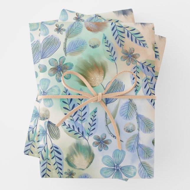 Boho Blue Green Whimsical Floral Botanical  Wrapping Paper Sheet (In situ)