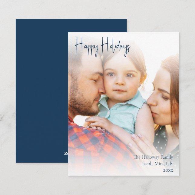 Boho Blue Handwritten Script Full Photo Happy Holiday Card (Front/Back)