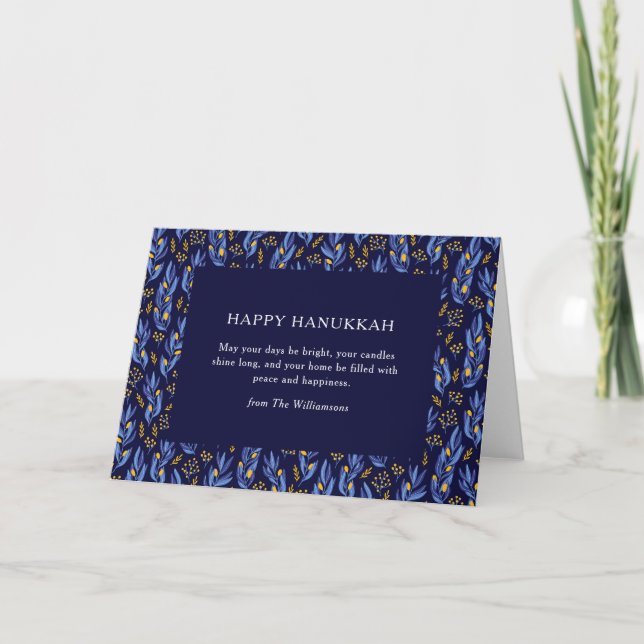 Boho Blue Hanukkah Botanical Custom Blank Folded Holiday Card (Front)