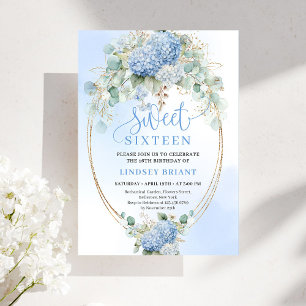 Boho Blue Hydrangea Gold Sweet Sixteen Invitation