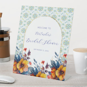 Boho Blue Italian Tiles Floral Welcome Sign