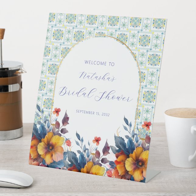 Boho Blue Italian Tiles Floral Welcome Sign (In SItu)