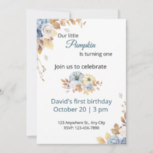 Boho Blue Little Pumpkin First Birthday Invitation