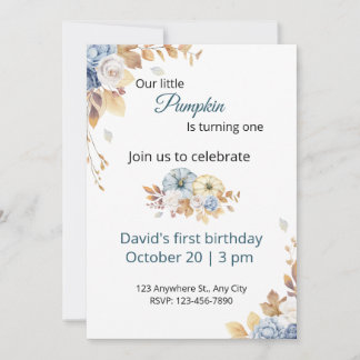 Boho Blue Little Pumpkin First Birthday Invitation