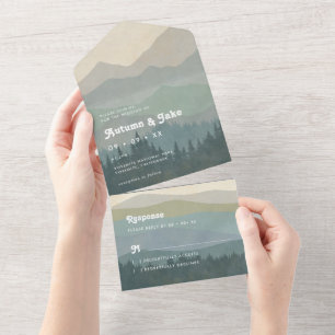 Boho Blue Mountains & Forest Wedding Retro All In One Invitation