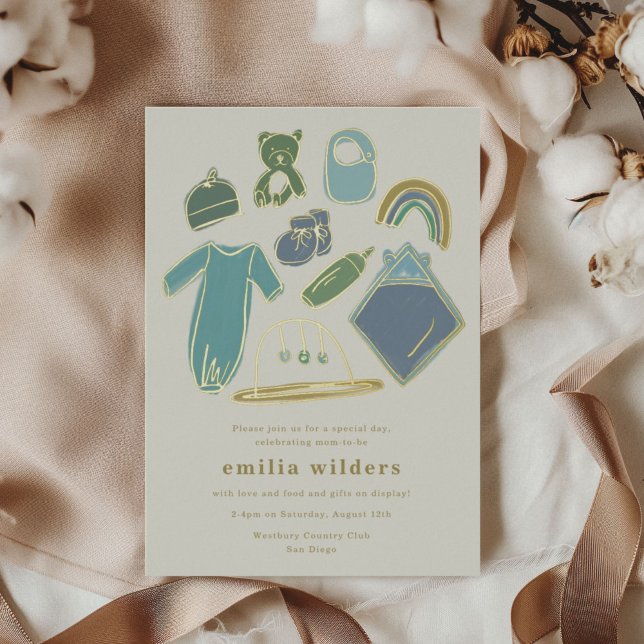 Boho Blue Newborn Icons Display Baby Shower Gold (Newborn illustrations gold foiled baby shower invitation.)