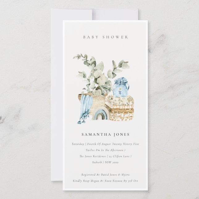 Boho Blue Nursery Foliage Boy Baby Shower Invite (Front)