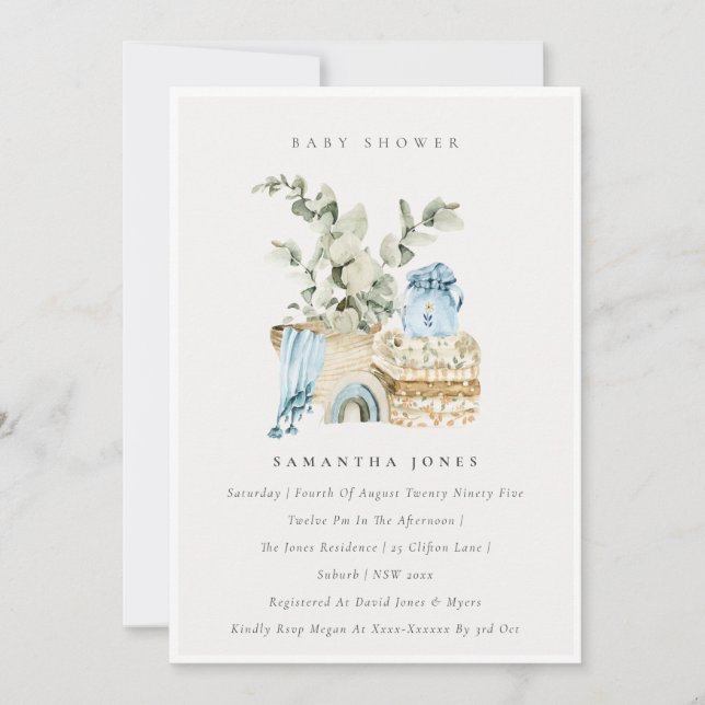Boho Blue Nursery Foliage Boy Baby Shower Invite (Front)