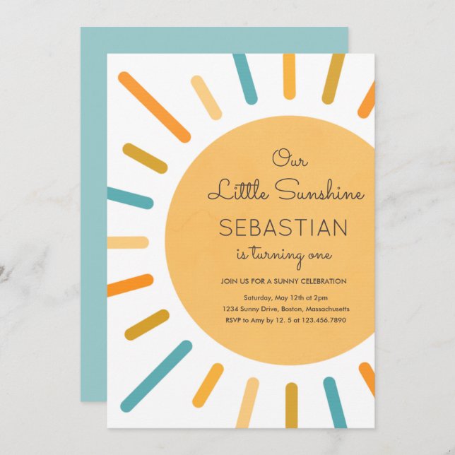 Boho Blue Our Little Sunshine Birthday Party Invitation (Front/Back)