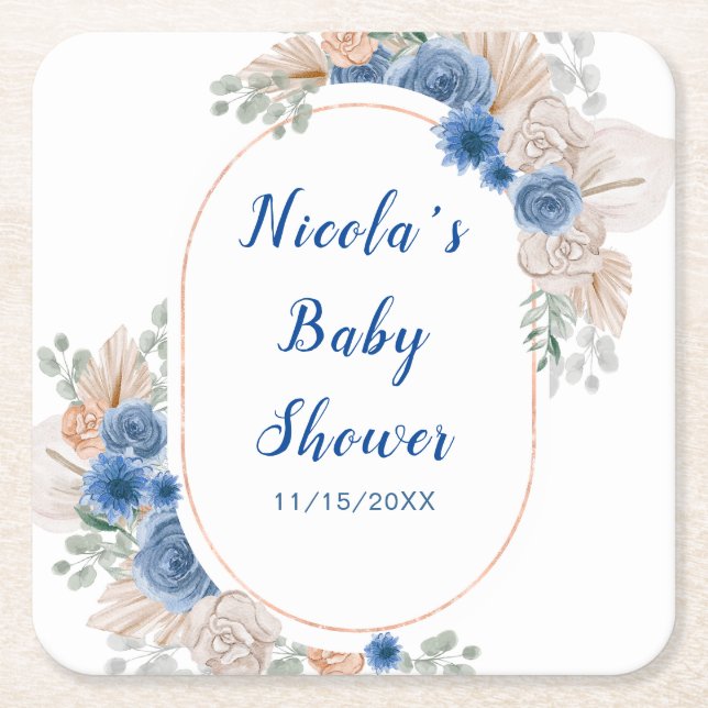 Boho Blue Pampas Grass Baby Shower Square Paper Coaster (Front)