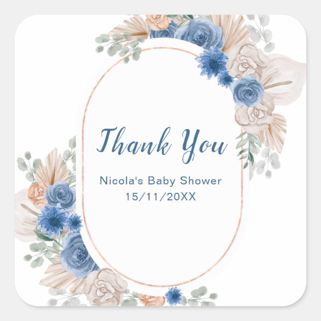 Boho Blue Pampas Grass Baby Shower Square Sticker (Front)