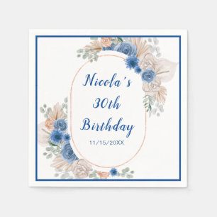 Boho Blue Pampas Grass Birthday Napkin