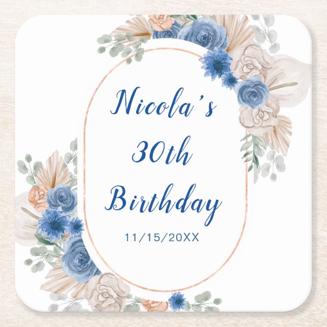 Boho Blue Pampas Grass Birthday Square Paper Coaster (Front)