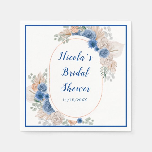 Boho Blue Pampas Grass Bridal Shower Napkin (Front)
