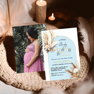 Boho Blue Pampas Grass Desert Baby Boy Baby Shower Invitation