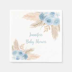 Boho Blue Pampas Grass Floral Baby Shower Napkin