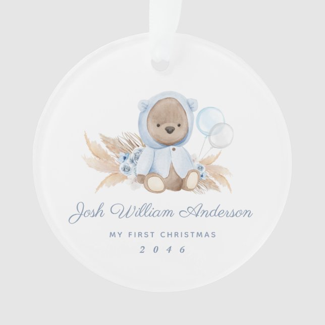Boho Blue Pampas Grass Teddy Bear Acrylic Ornament (Front)