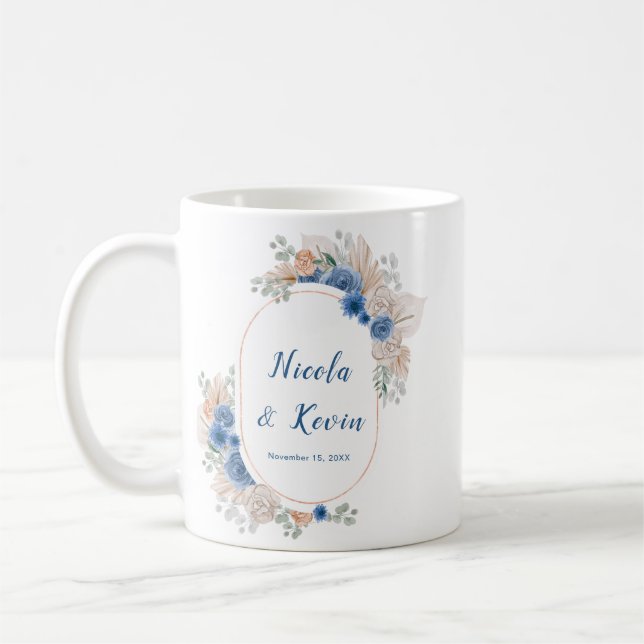 Boho Blue Pampas Grass Wedding Coffee Mug (Left)