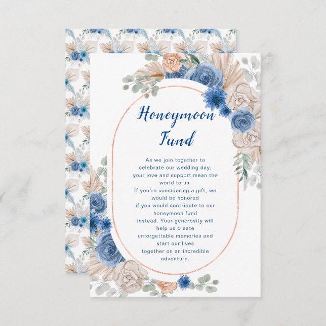 Boho Blue Pampas Grass Wedding honeymoon Fund Enclosure Card (Front/Back)