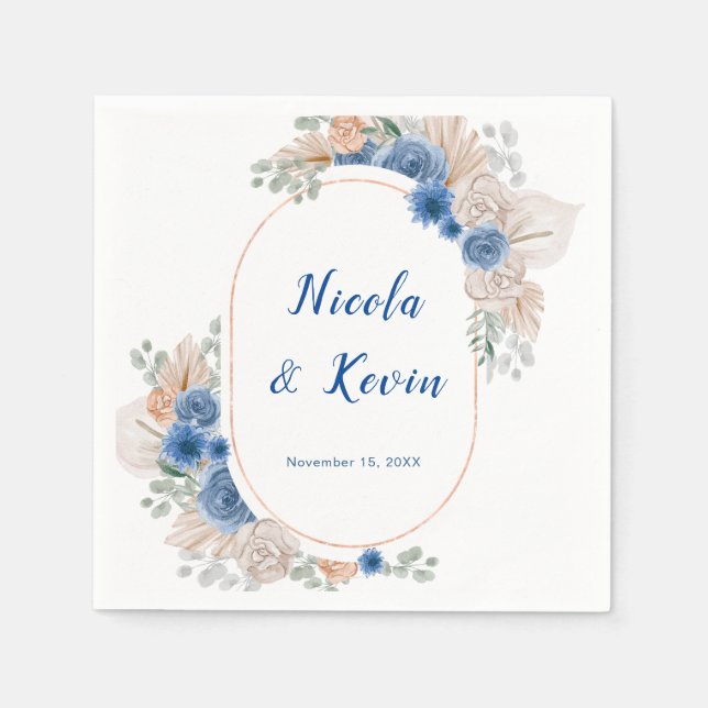 Boho Blue Pampas Grass Wedding Napkin (Front)