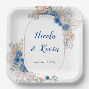 Boho Blue Pampas Grass Wedding Paper Plate