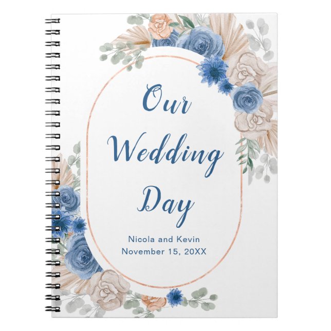 Boho Blue Pampas Grass Wedding Planner Notebook (Front)