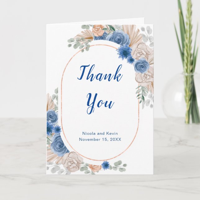 Boho Blue Pampas Grass Wedding Thank You Card (Front)